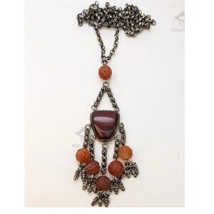 Rare Antique Ottoman Turkish 900 Silver & Hand-Carved Carnelian Chain